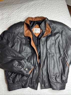 1980s Remy Brand Men's Black 100% Soft Leather Bomber Jacket with Brown Trim